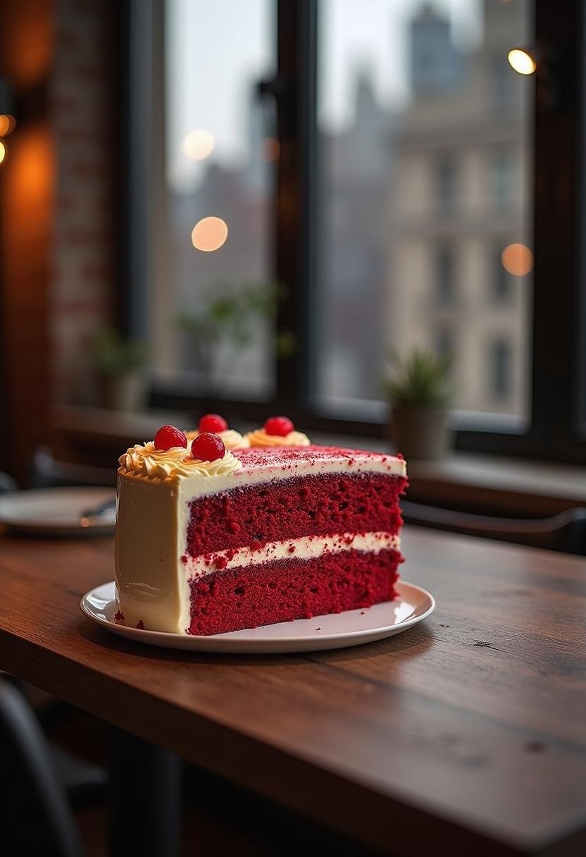 Daredevil’s Radar Sense Red Velvet Cake on a wooden table in an urban loft setting, showcasing a moist red velvet cake with cream cheese frosting, inspired by Daredevil.