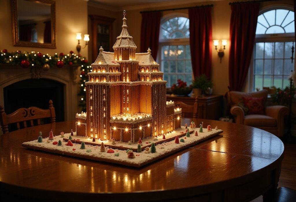 Die Hard's Nakatomi Plaza gingerbread house decorated for Christmas, realistic and festive in a themed setting.