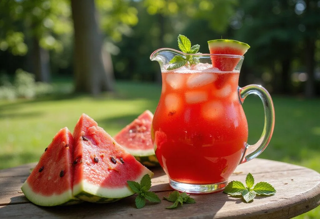 Watermelon punch inspired by Dirty Dancing, served in a vintage summer garden setting with fresh watermelon and mint for a summer party.