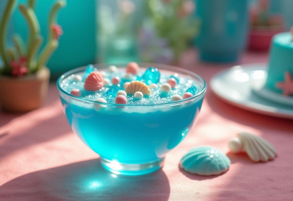 Disney Ariel's Under the Sea Blue Jello served in a glass bowl with seashell decorations, perfect for The Little Mermaid fans seeking mermaid-themed recipes.