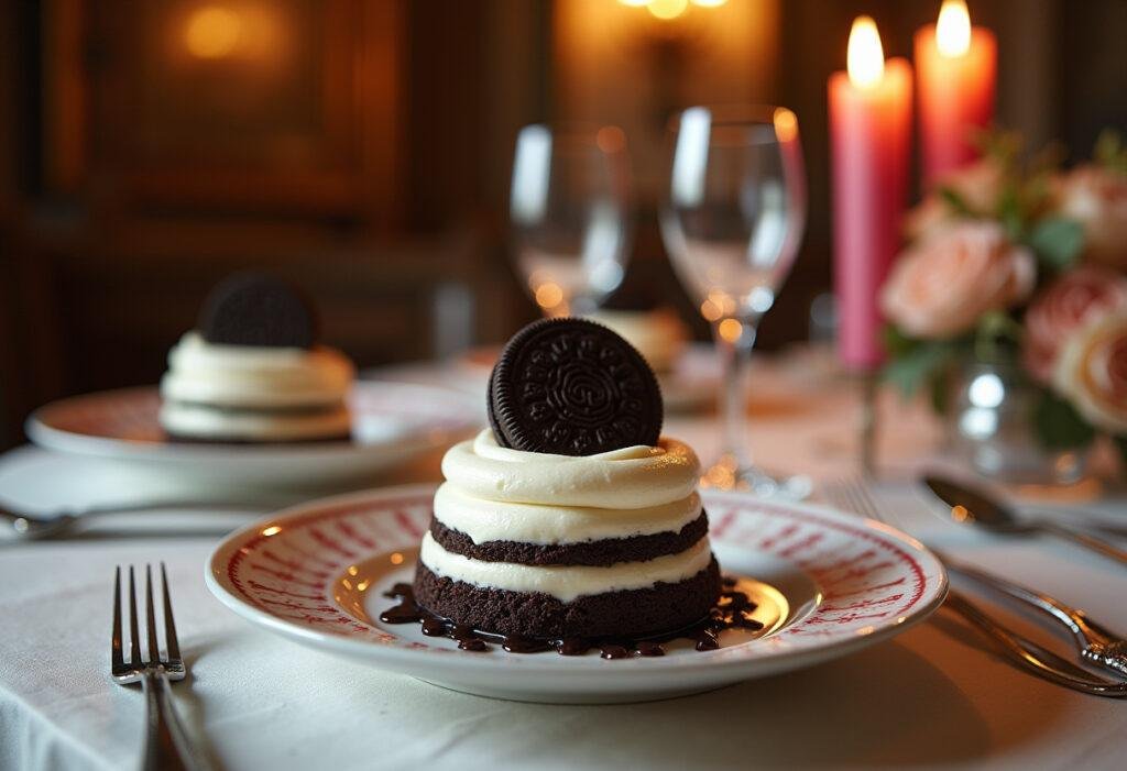 Disney Belle's The Grey Stuff Oreo mousse dessert plated in a castle setting, inspired by Beauty and the Beast, with elegant presentation and enchanting background.