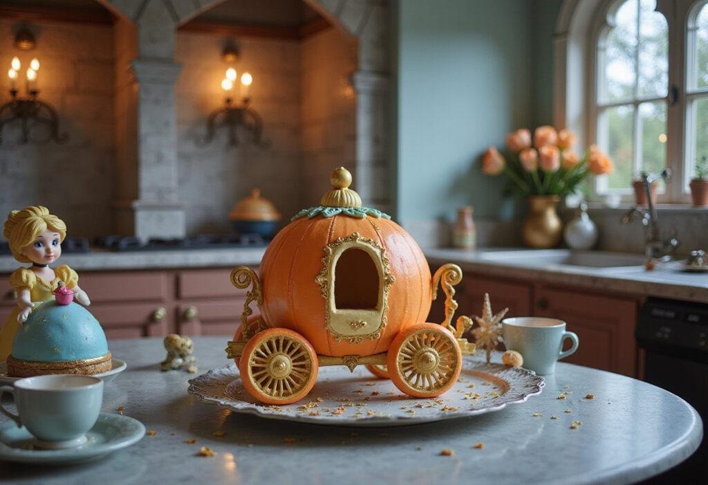 Disney Cinderella's Pumpkin Carriage Cake Pops beautifully arranged on a platter in a fairy-tale castle kitchen, perfect for princess-themed celebrations.