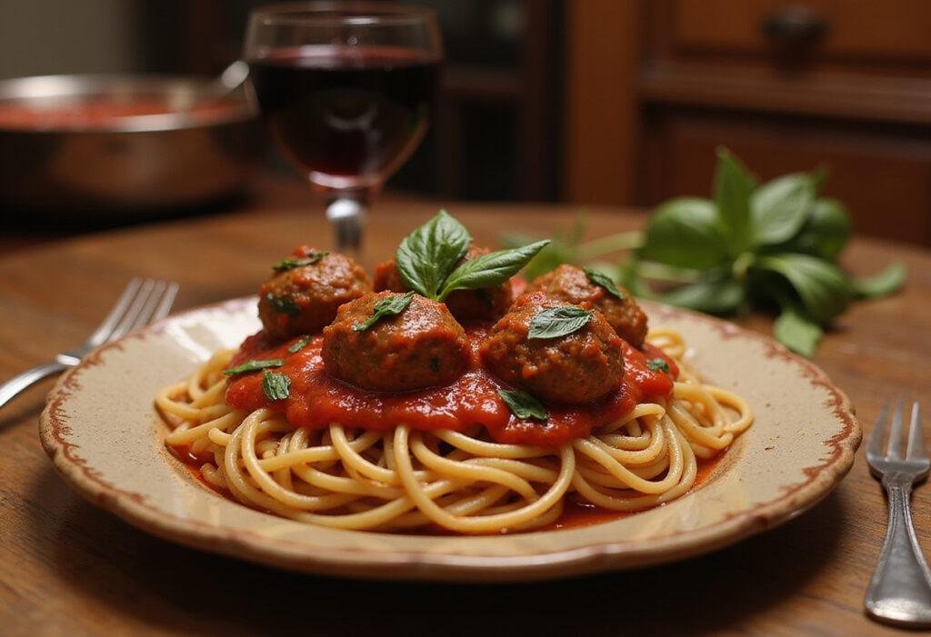 Delicious spaghetti and meatballs inspired by Disney Lady and the Tramp, served in a cozy kitchen setting reflecting classic Disney food charm