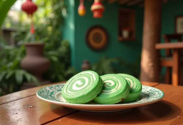 Disney Moana's Heart of Te Fiti Green Swirl Cookies on a wooden table with tropical background, inspired by Moana's island adventure