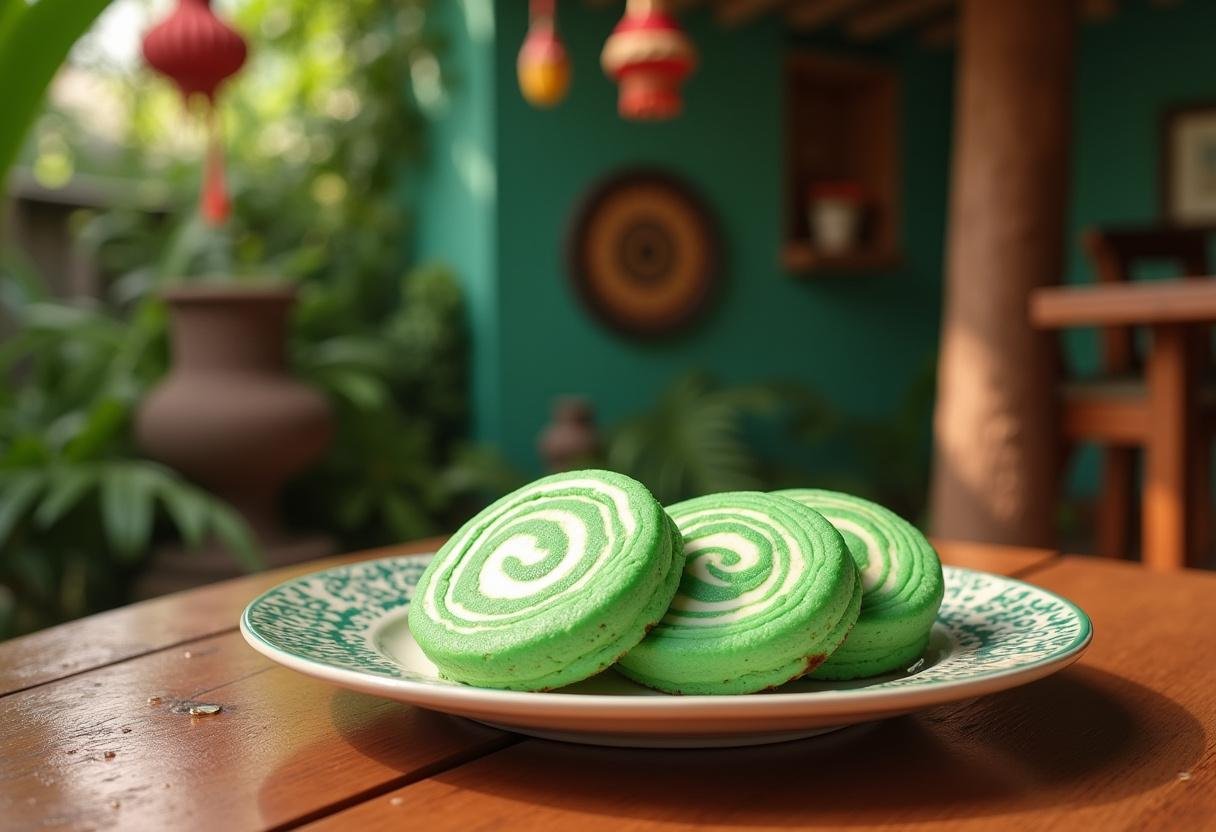 Disney Moana's Heart of Te Fiti Green Swirl Cookies on a wooden table with tropical background, inspired by Moana's island adventure