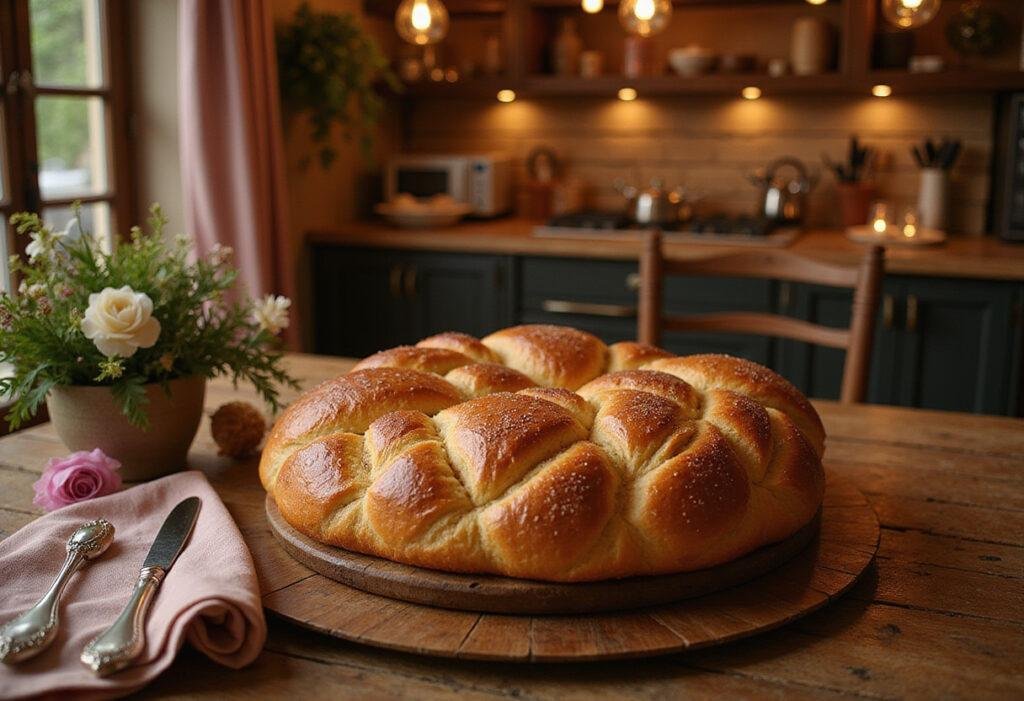 Disney Rapunzel's Braided Bread served in a cozy Tangled-themed kitchen with golden crust and intricate braids