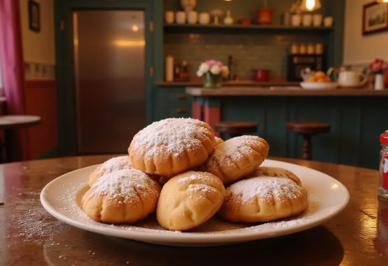 Delicious golden beignets dusted with powdered sugar, inspired by Disney's The Princess and the Frog, in a cozy, animated-style kitchen scene.