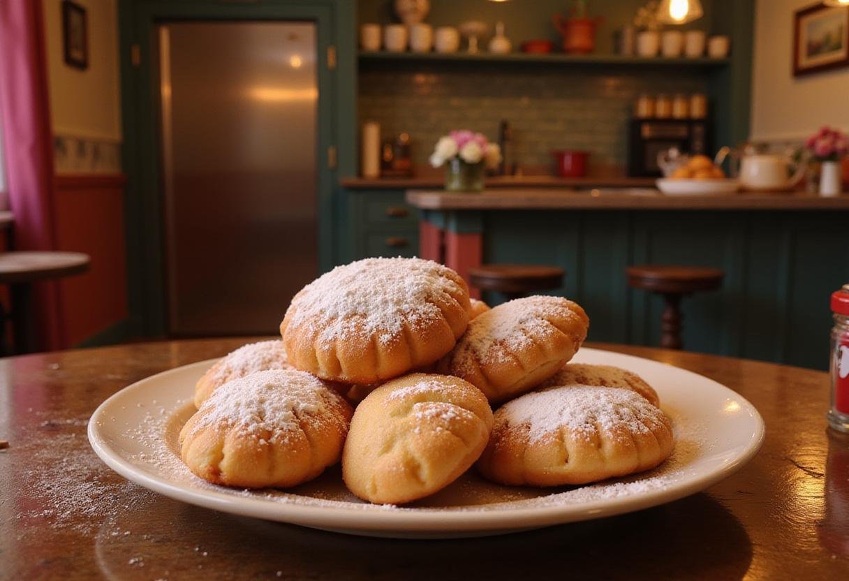 Delicious golden beignets dusted with powdered sugar, inspired by Disney's The Princess and the Frog, in a cozy, animated-style kitchen scene.
