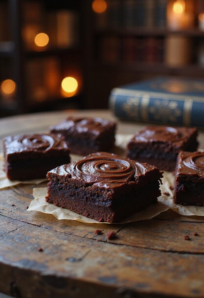 Doctor Strange Dormammu's Dark Dimension Brownies on a mystical wooden table, featuring dark chocolate and magical themes from the Marvel universe.