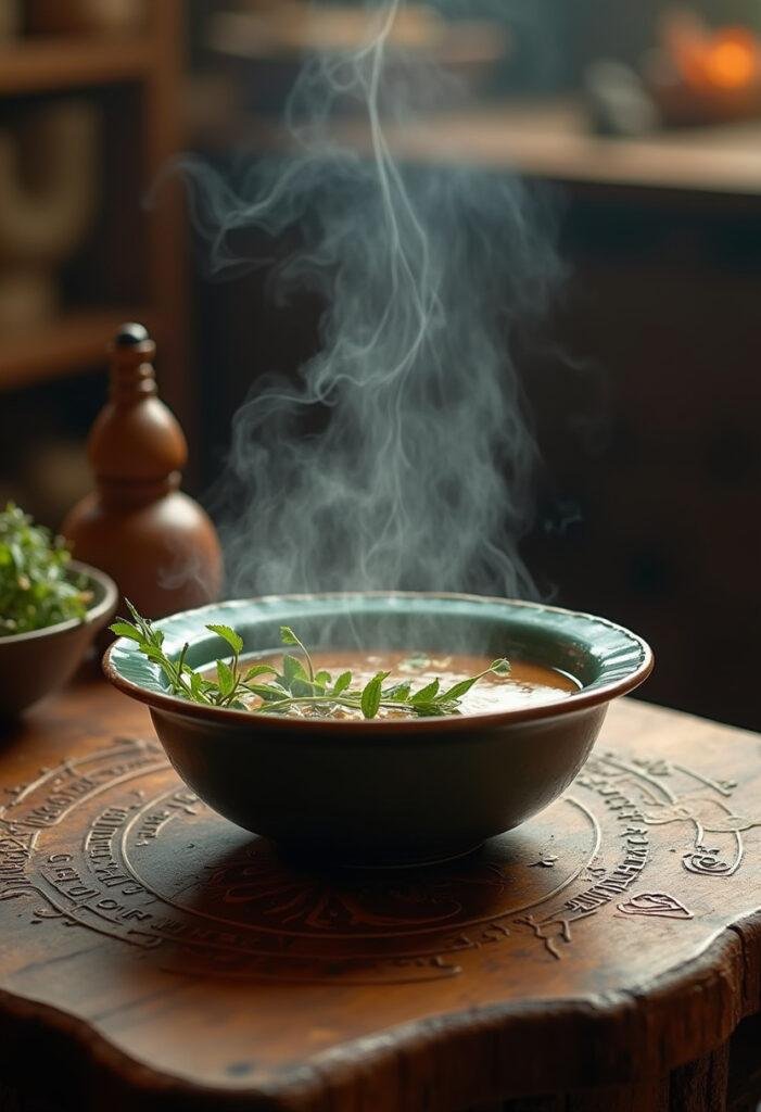 Doctor Strange The Ancient One's Herbal Broth in a mystical kitchen setting, steamed and garnished with fresh herbs, on an ornate wooden table.