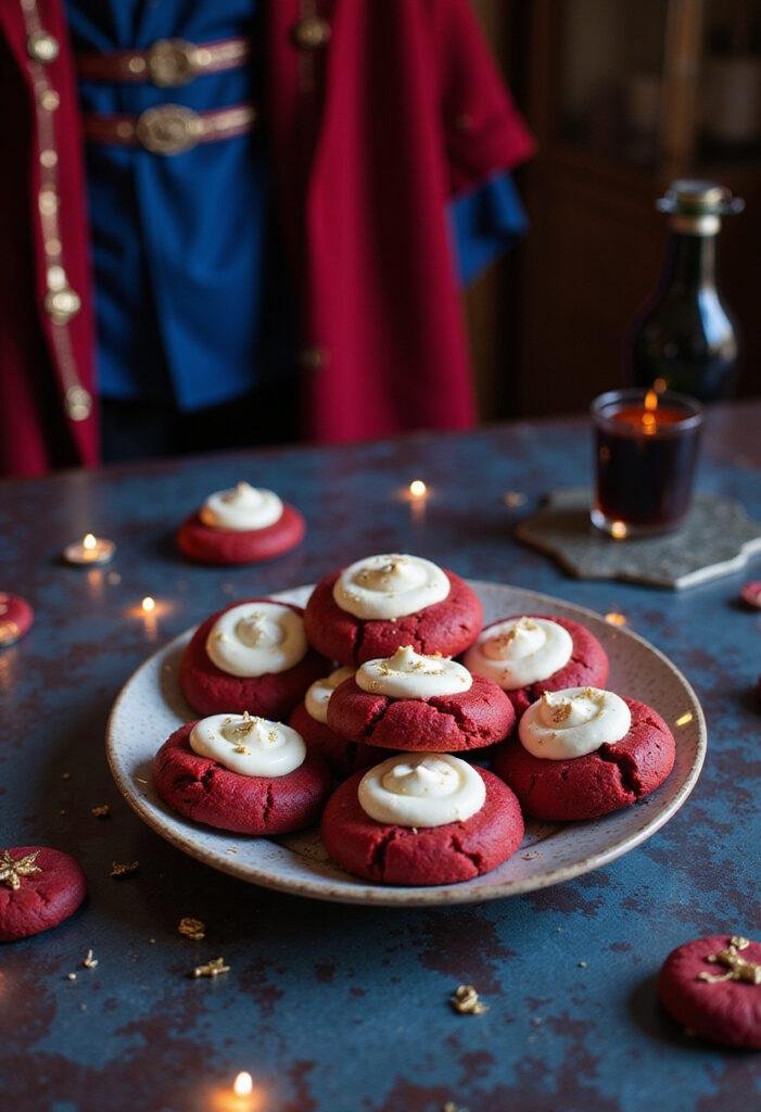 Doctor Strange themed Red Velvet Cookies with cream cheese frosting, set on a mystical table with glowing symbols and a red cloak background
