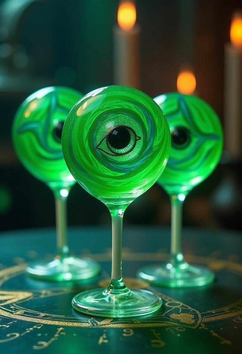 Doctor Strange The Eye of Agamotto Green Swirl Lollipops displayed on a mystical table with magical symbols, inspired by the Marvel universe