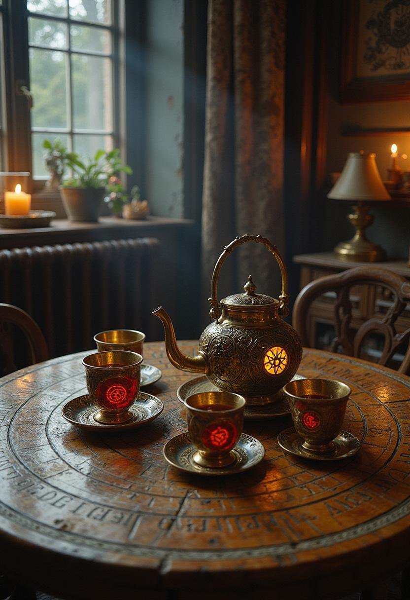 Doctor Strange Sanctum Sanctorum Tea served in a mystical setting with glowing symbols and arcane artifacts, capturing the magical essence of the scene.