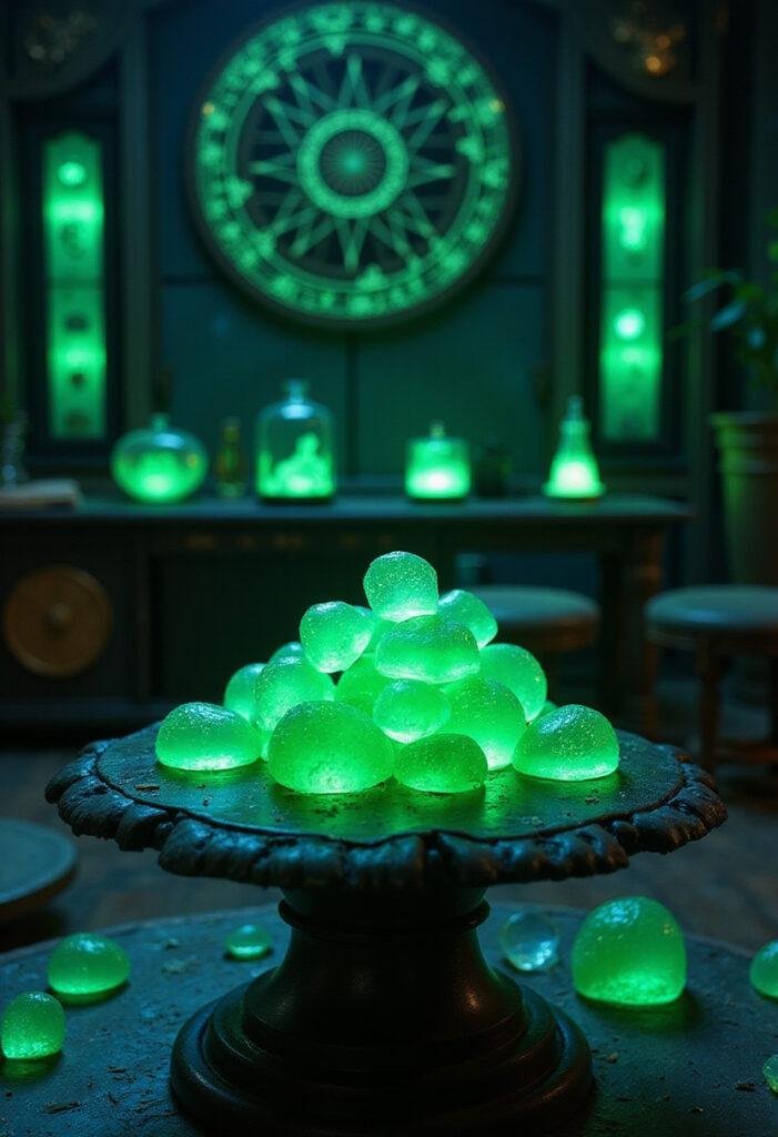 Doctor Strange Time Stone Green Gummy Gems displayed on a mystical pedestal in a magical laboratory, glowing green gummies in a fantasy setting.