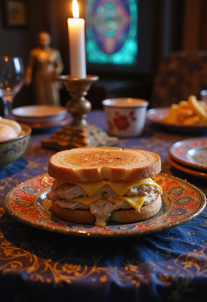 Doctor Strange Wong's Tuna Melt - a toasted bread sandwich with melted cheese and tuna, set in a mystical Marvel universe-inspired scene.