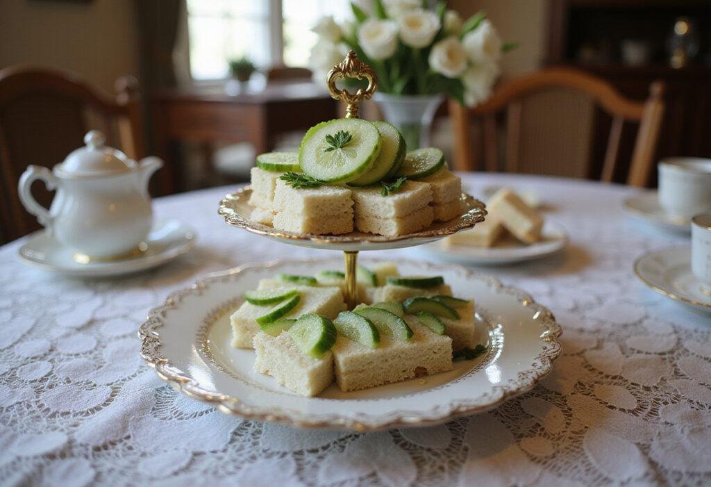Downton Abbey's Upstairs Cucumber Sandwiches served as elegant tea party food on a vintage table