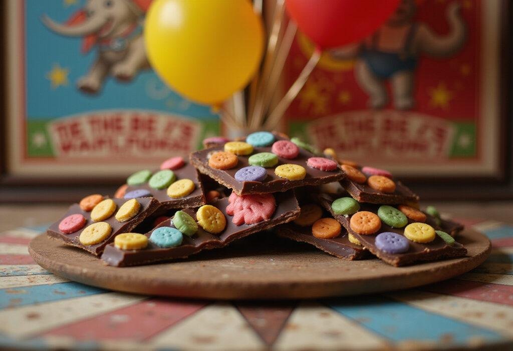 Dumbo's Circus Animal Cracker Bark on vintage circus table with colorful animal crackers and chocolate, emphasizing circus-themed treats