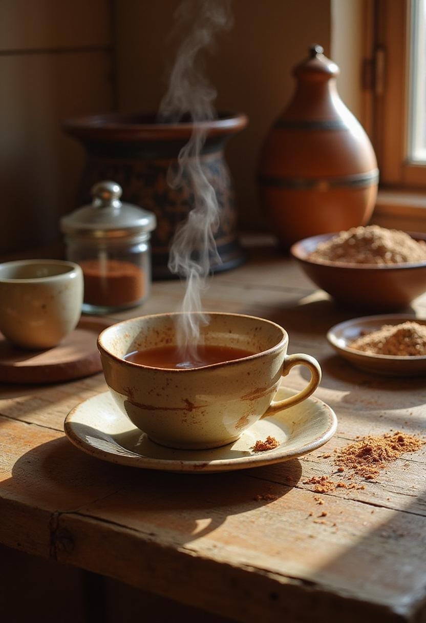 Bene Gesserit Spiced Tea served in a ceramic cup on a wooden table with desert decor, inspired by the Dune universe.