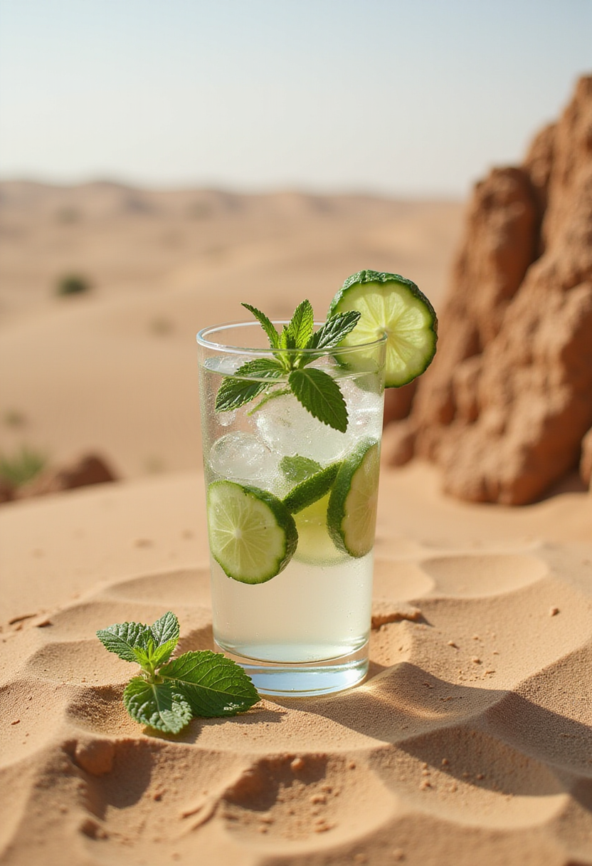 Dune Fremen Stillsuit Water with cucumber and mint in a realistic desert-inspired setting