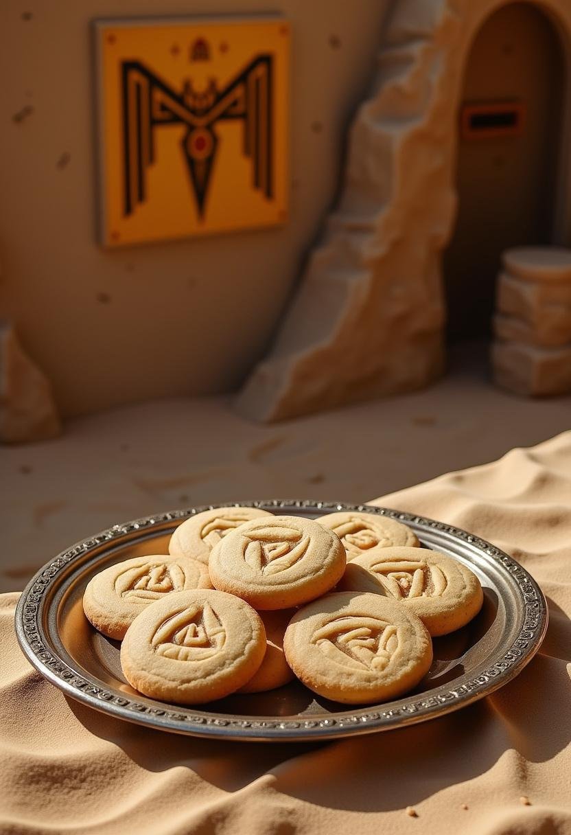 Dune House Atreides Hawk Sigil Cookies displayed on a tray in a desert-inspired setting, highlighting the signature emblem of House Atreides from the film.