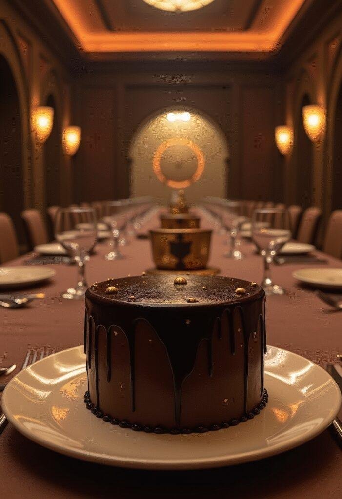 Dune House Harkonnen Dark Chocolate Cake served on an elegant plate in a futuristic dining room with desert-inspired decor and sci-fi accents.