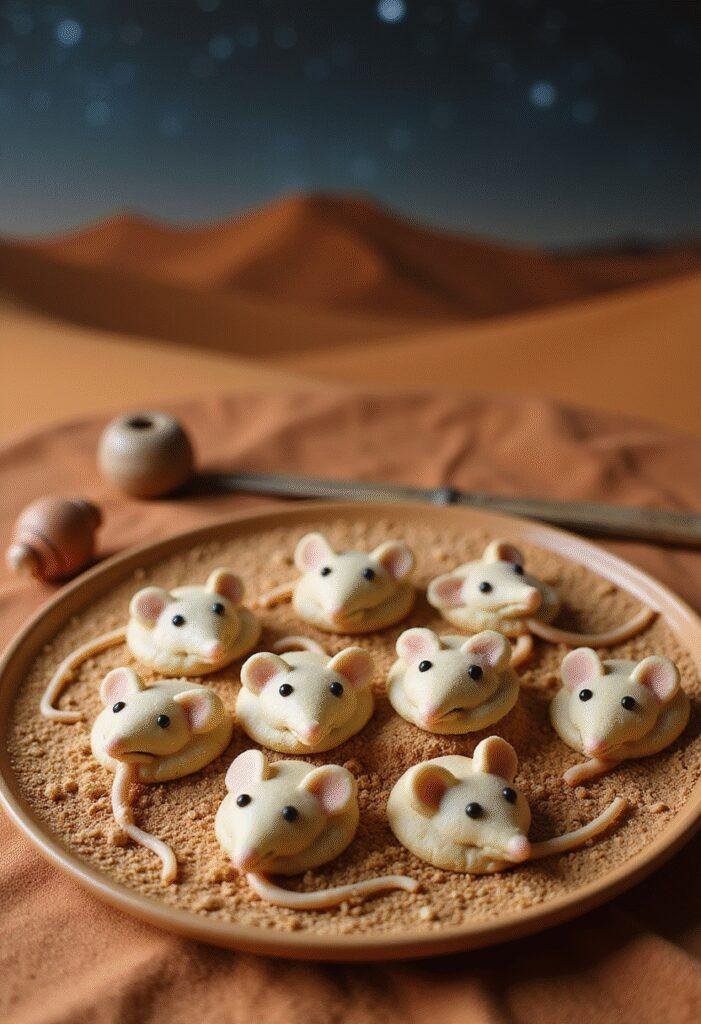 Dune Paul Atreides Muad'Dib Mouse Cookies arranged on a desert-themed plate in a scene inspired by the Dune universe.