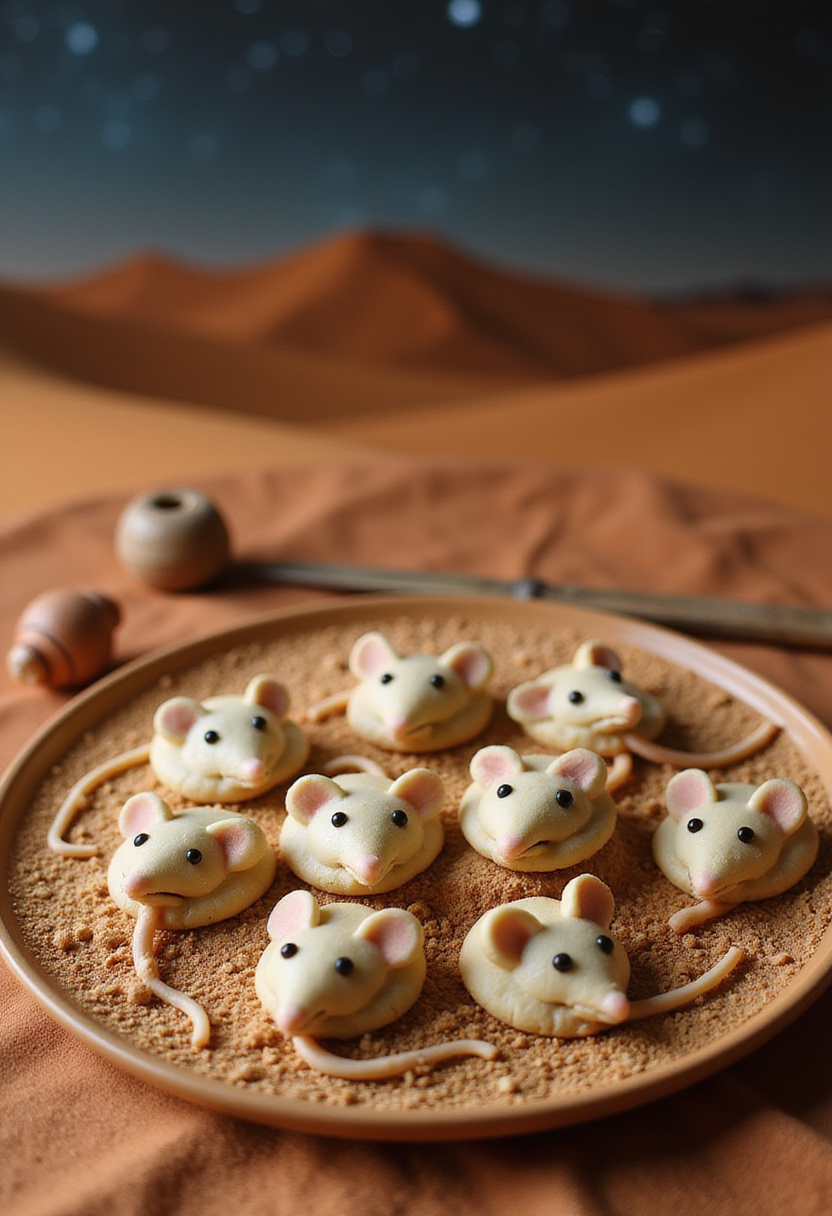 Dune Paul Atreides Muad'Dib Mouse Cookies arranged on a desert-themed plate in a scene inspired by the Dune universe.