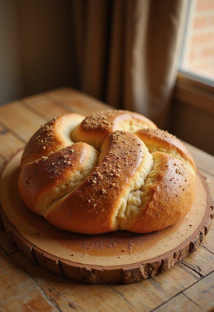 Dune Sandworm Spiced Bread Loaf, a realistic scene of a baked bread loaf inspired by dune sandworm, placed on a desert-themed setting.