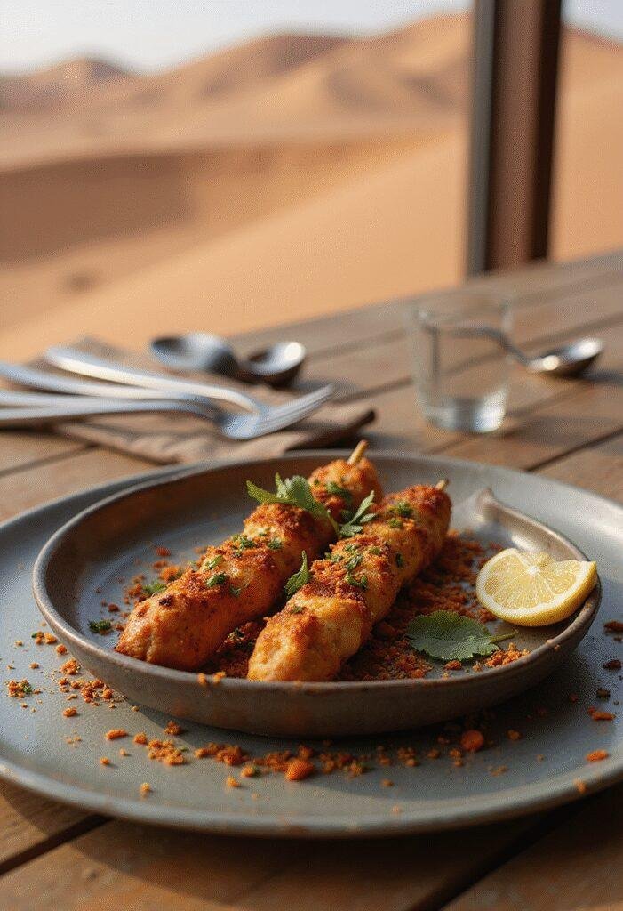 Dune The Gom Jabbar Spicy Needler Skewers plated on a rustic table with desert-inspired backdrop, showcasing alien spicy cuisine.