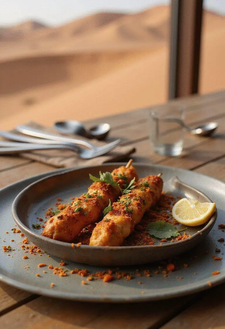 Dune The Gom Jabbar Spicy Needler Skewers plated on a rustic table with desert-inspired backdrop, showcasing alien spicy cuisine.