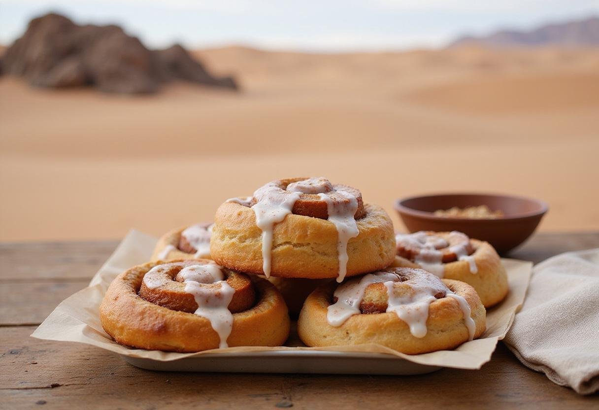 Delicious cinnamon rolls inspired by Dune movie recipes with a hint of spice melange in a desert-themed setting