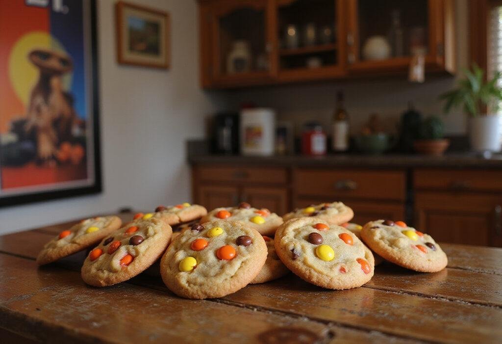 Reese's Pieces Cookies inspired by E.T. movie set in a cozy kitchen with movie posters, showcasing colorful cookies on a wooden table.