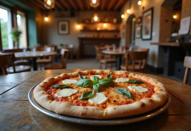 Eat Pray Love's Naples Margherita pizza served in an authentic Italian restaurant setting, highlighting fresh basil, mozzarella, and tomato sauce.