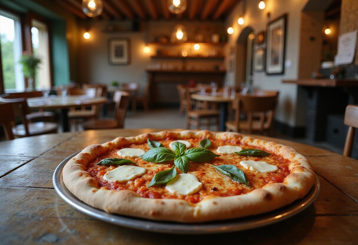 Eat Pray Love's Naples Margherita pizza served in an authentic Italian restaurant setting, highlighting fresh basil, mozzarella, and tomato sauce.
