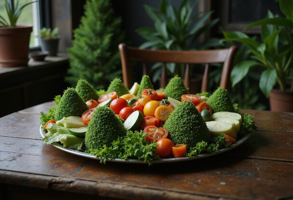 Edward Scissorhands' Topiary Veggie Platter featuring a creative vegetable arrangement in a Tim Burton-inspired gothic garden setting