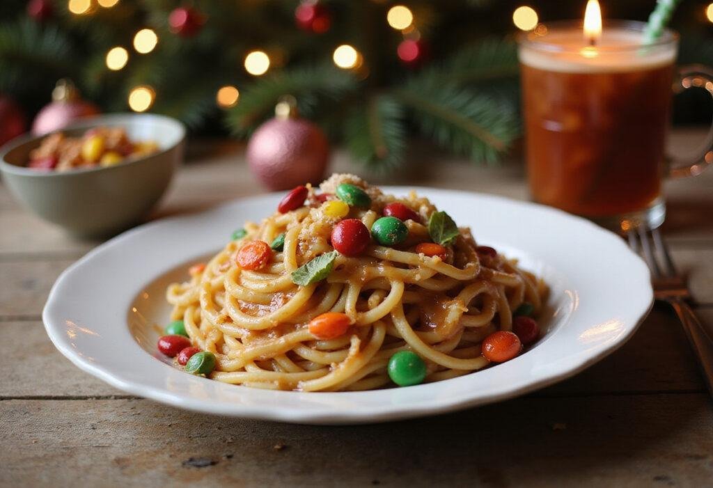 Elf's Spaghetti with Maple Syrup and Candy plated in a rustic, festive setting inspired by Buddy the Elf from the Elf movie, perfect holiday treat.