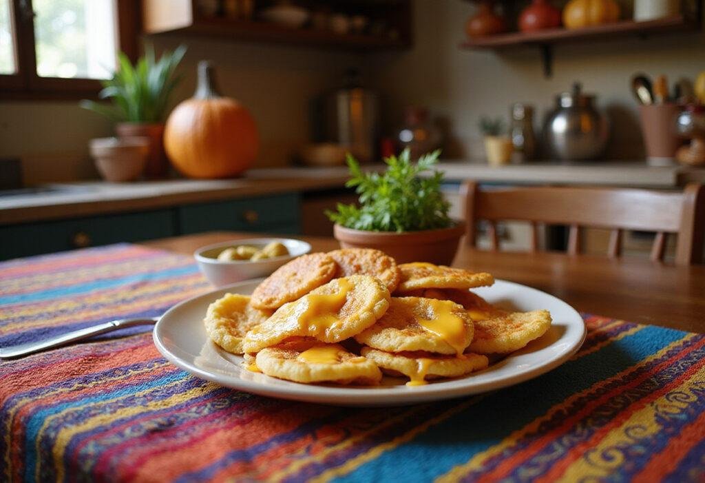 Encanto's Arepas con Queso, a colorful Colombian dish with crispy arepas filled with melted cheese displayed on a vibrant table setting inspired by Encanto.