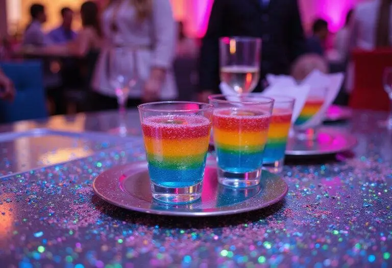Euphoria's glitter jello shots, a shimmering non-alcoholic treat with colorful layers and edible glitter, perfect for themed party food.