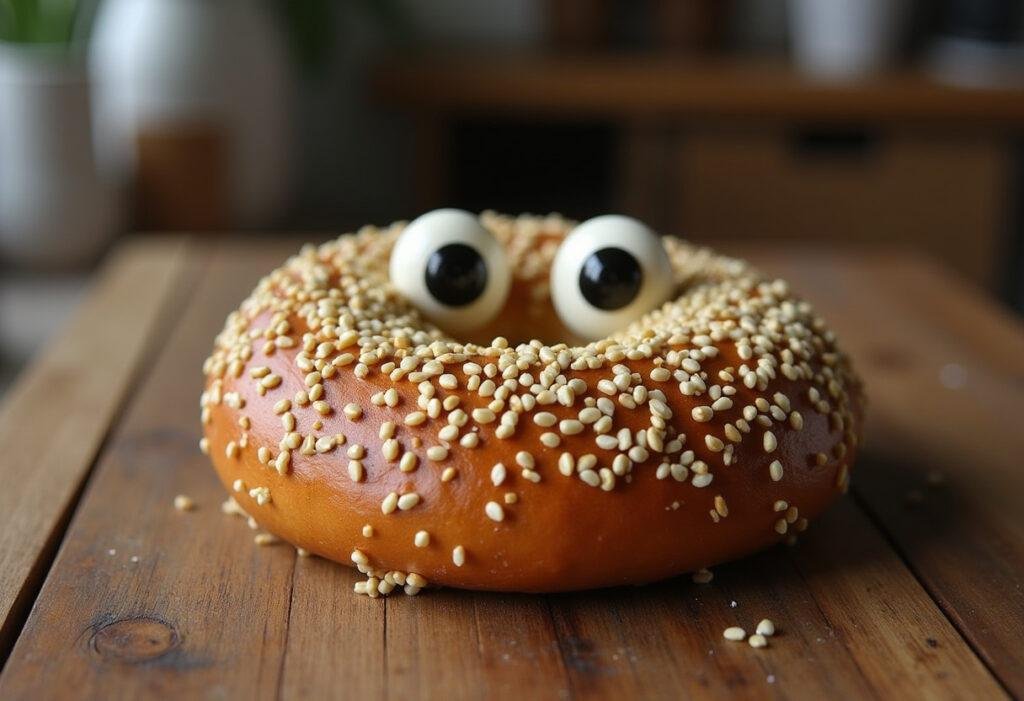 Delicious everything bagel with googly eyes, movie-themed food inspired by 'Everything Everywhere All at Once', on a rustic wooden table.