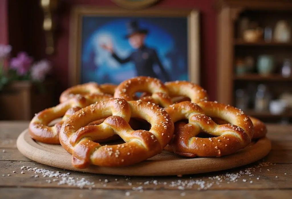 Fantasia's Sorcerer's Apprentice broomstick pretzels on a rustic table in a Disney-inspired setting, showcasing golden twisted pretzels with salt, themed after Mickey Mouse's magic.