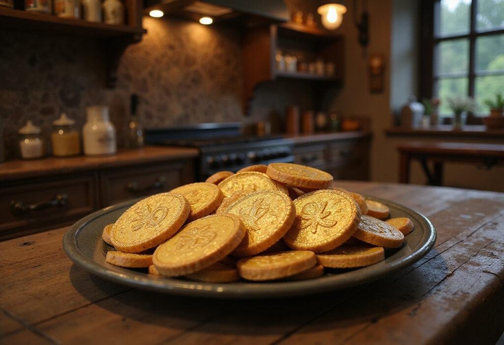 Fantastic Beasts' Niffler Gold Coin Cookies plated in a magical kitchen setting with detailed, shiny gold coin cookies in a wizarding world theme.