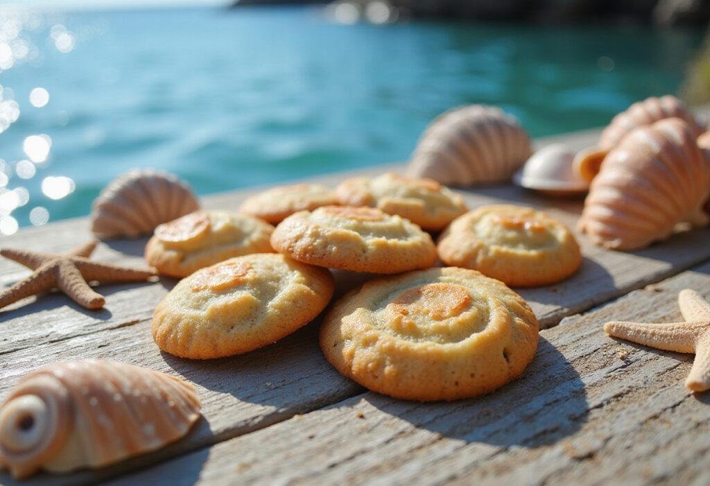 Finding Dory's Otter Clam Cookies displayed on an ocean-themed table with seashells and starfish, perfect for fans of ocean-inspired recipes.