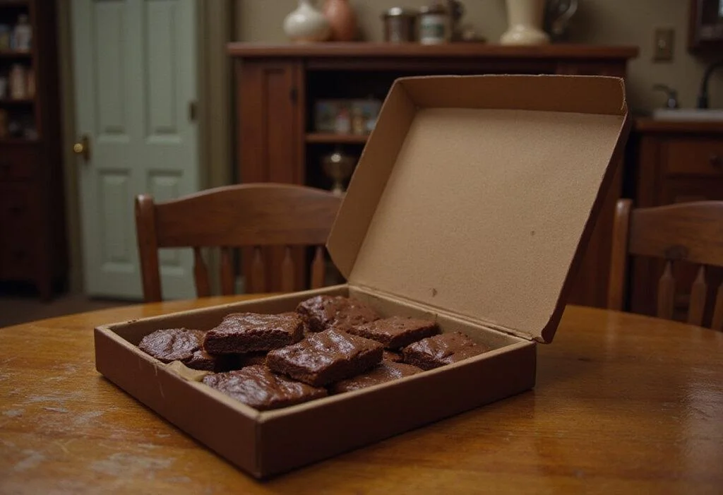 Forrest Gump's Box of Chocolates Brownies displayed in a cozy vintage kitchen with assorted chocolates in a nostalgic scene