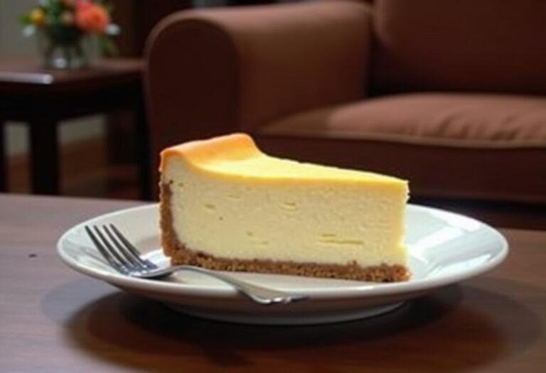 Friends Chandler's Stolen Cheesecake served as a New York cheesecake on a plate in Chandler's apartment, capturing the cozy sitcom setting.