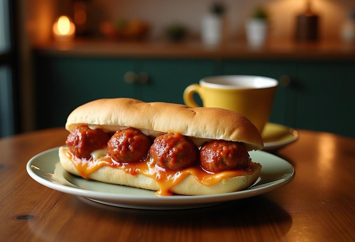 Joey's How You Doin'? Meatball Sub sandwich styled like a scene from Friends in a cozy kitchen setting