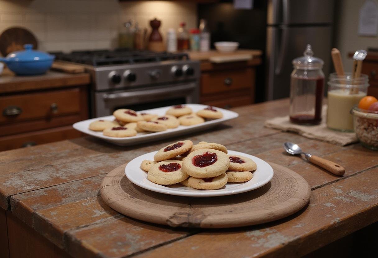 Friends Monica's Jam Thumbprint Cookies sitting on a wooden table in a cozy kitchen inspired by the TV show Friends, with baking tools around.