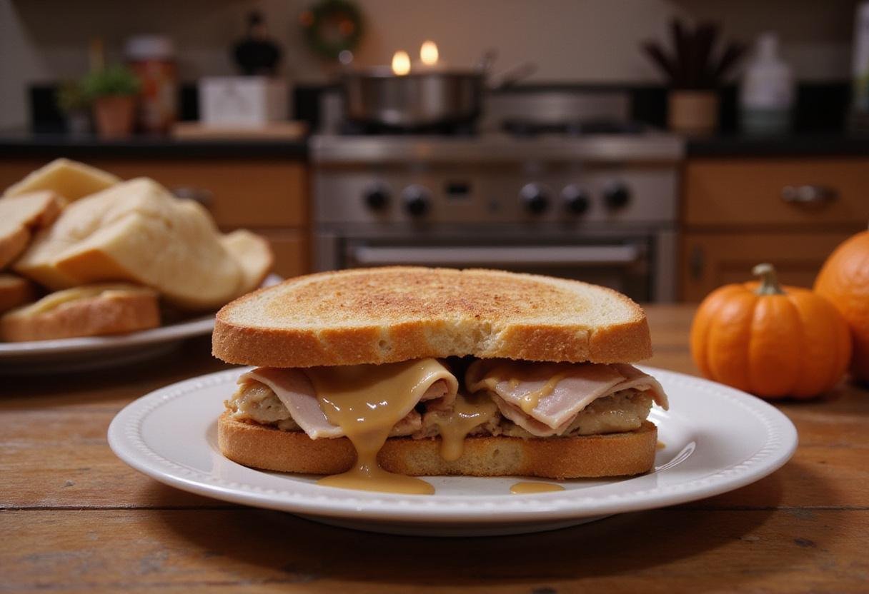 Friends Monica's Thanksgiving Moist Maker Sandwich featuring layered turkey and gravy on bread in a cozy kitchen setting