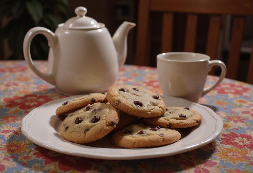 Friends Phoebe's Grandma's Chocolate Chip Cookies, warm and inviting scene in Monica's apartment with freshly baked cookies and cozy kitchen setting