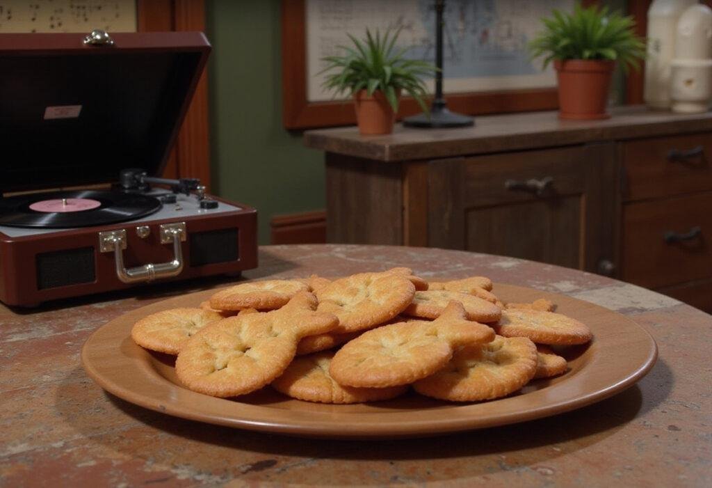Friends Phoebe's Smelly Cat Fish-Shaped Crackers displayed on a platter in a cozy apartment scene