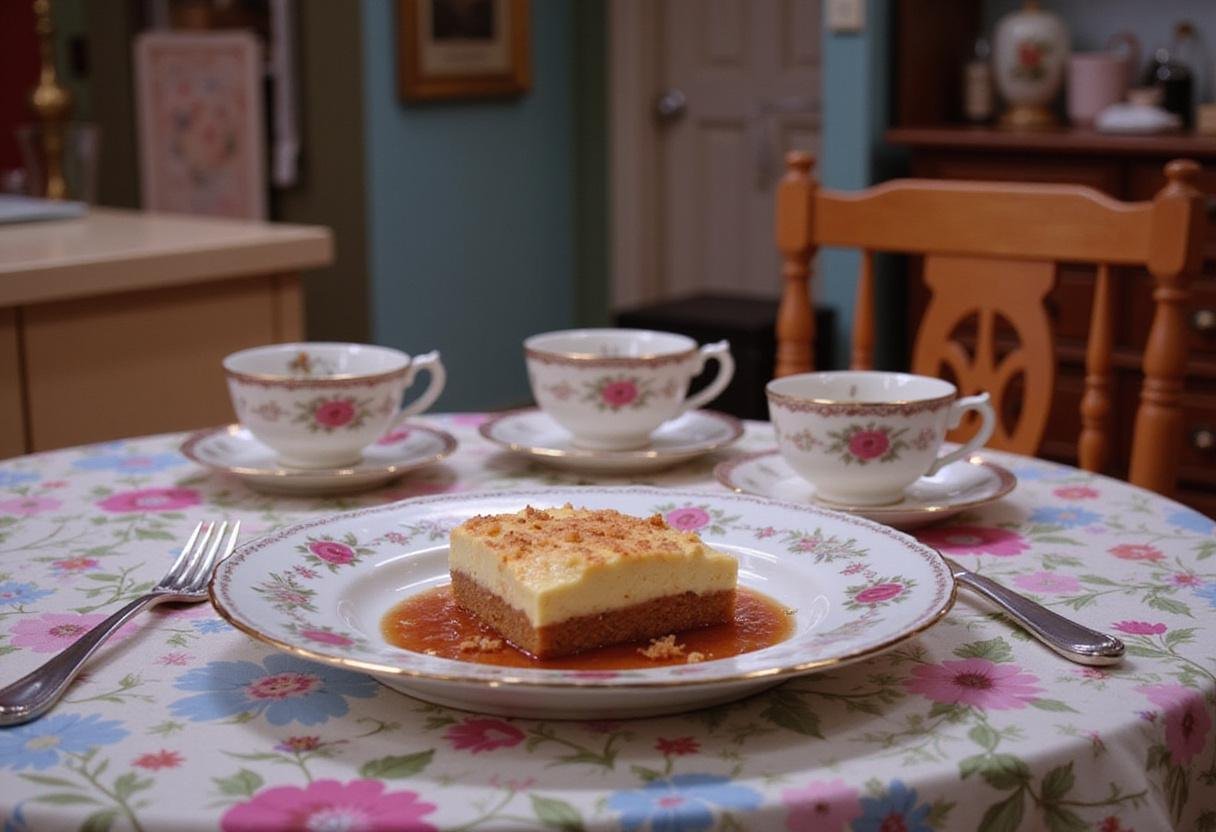Rachel Green's English Trifle served on a vintage plate in a cozy kitchen setting, inspired by Friends TV show.